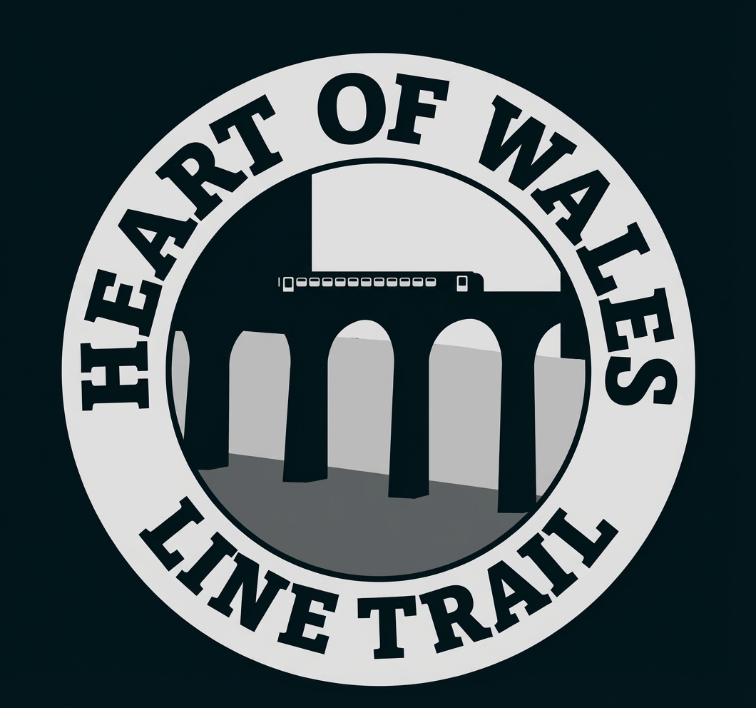 Logo "Heart of Wales Line Trail" mit Viadukt und Zug